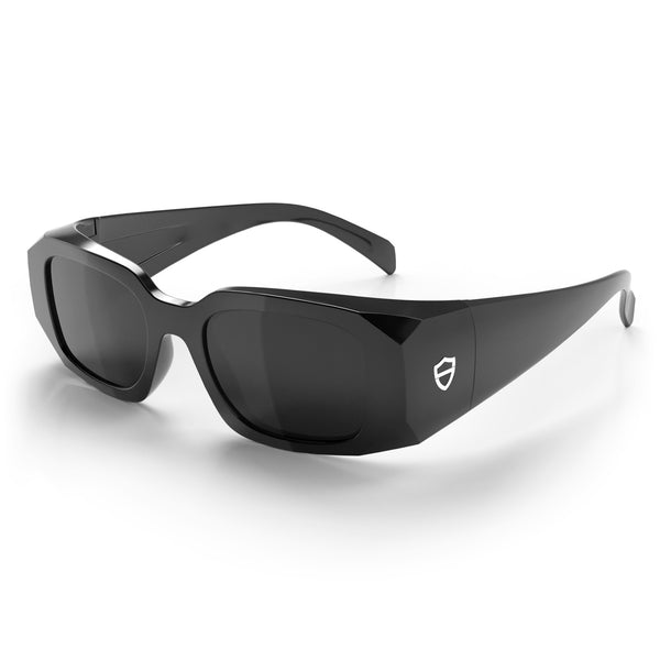 Auras Black Frame sunglasses with grey polarised lens at an angle