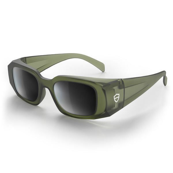Auras Matte Moss Green frame with polarised lens, shown at an angle