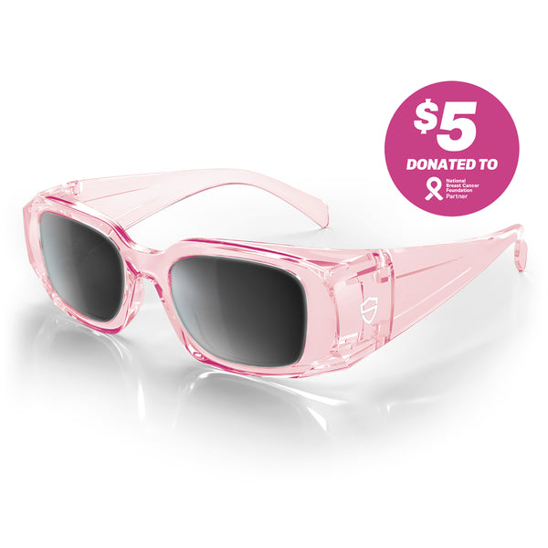 Auras Pink Frame safety glasses with grey polarised lens, front angle view