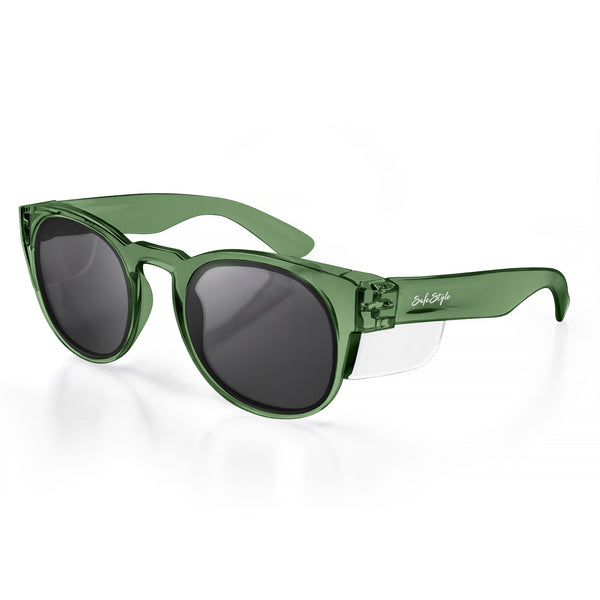 Green frame Cruisers safety glasses with polarised lens at an angle