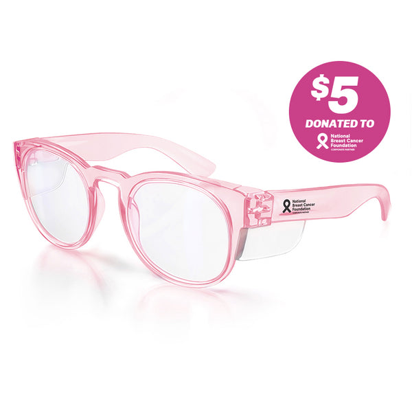 Cruisers safety glasses with pink frame and clear lens at an angle