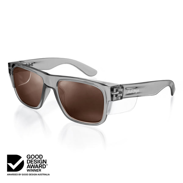 Fusions Graphite Frame Brown Polarised Lens Safety Glasses at an angle