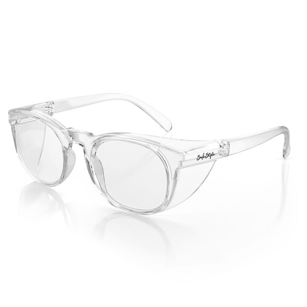Lites Round safety glasses with clear frame and lens, shown at an angle