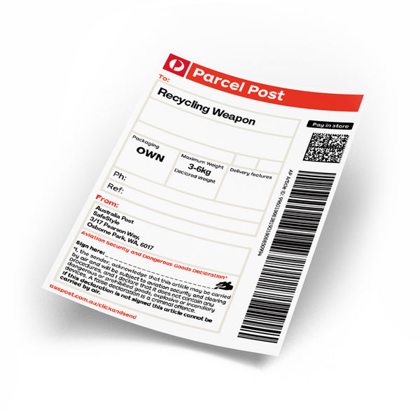 Recycling return label on a box with postage information