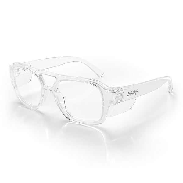 Skylines Clear Frame sunglasses with clear lens, shown at an angle
