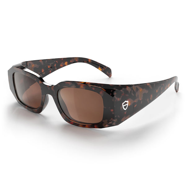 Auras Brown Tort frame with Brown Polarised lens, shown at an angle