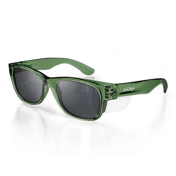 Green frame Classics safety glasses with polarised lens at an angle