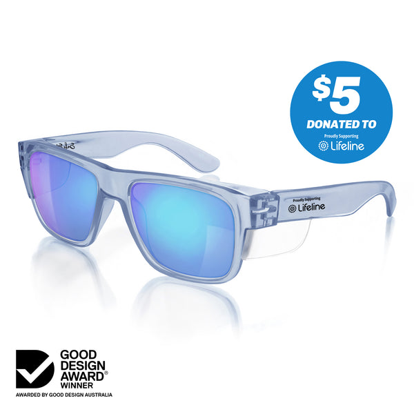 Fusions Blue Frame Mirrors Blue Polarised Lens Safety Glasses at an angle