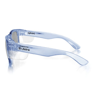 Fusions safety glasses, blue frame and polarised lens, side view