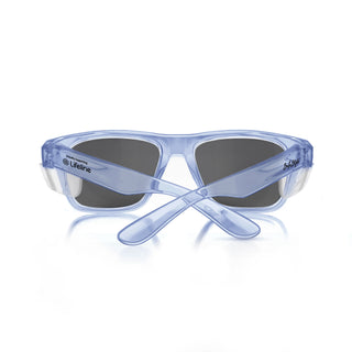 Fusions safety glasses, back view, blue frame and polarised lens