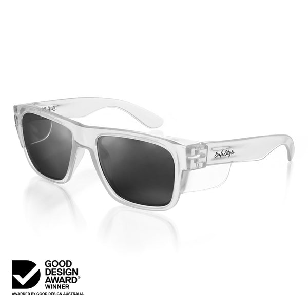 Fusions safety glasses with clear frame and polarised lens at an angle
