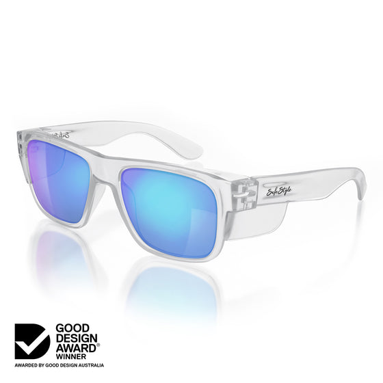 Fusions Clear Frame Mirrors Blue Polarised Lens Safety Glasses