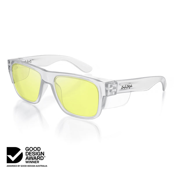 Fusions safety glasses with clear frame and yellow lens at an angle