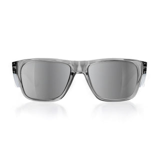 Fusions safety glasses with graphite frame and chrome mirror lens, front view