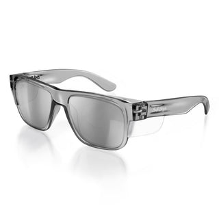 Fusions safety glasses with graphite frame and mirror chrome lens at an angle