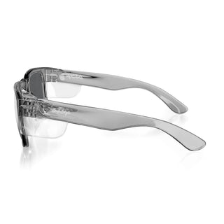 Fusions safety glasses with graphite frame and mirror chrome lens, shown from the side