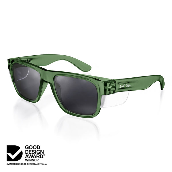 Fusions safety glasses with green frame and polarised lens at an angle