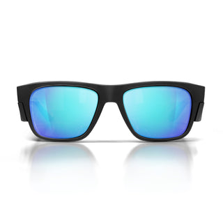 Fusions Matte Black Frame Mirrors Blue Polarised Lens Safety Glasses