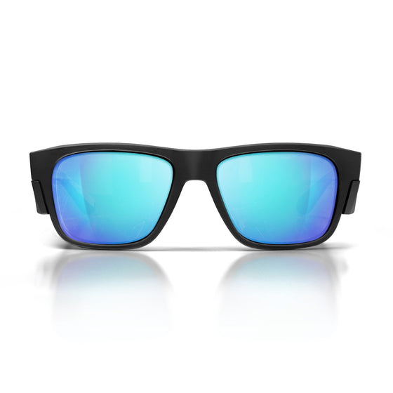 Fusions Matte Black Frame Mirrors Blue Polarised Lens Safety Glasses