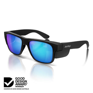 Fusions Matte Black Frame Mirrors Blue Polarised Lens Safety Glasses