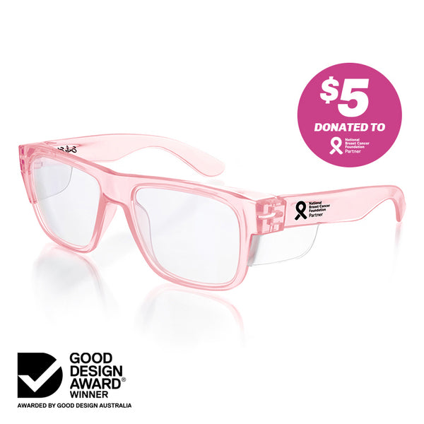 Pink Fusions safety glasses with clear lenses at an angle