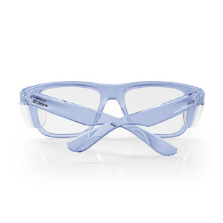 Fusions XL safety glasses, blue frame, back view with clear lens