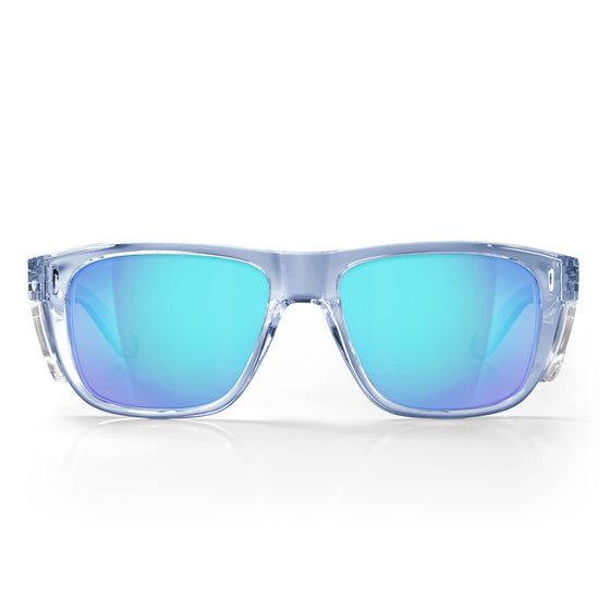 Fusions XL blue frame safety glasses with reflective blue polarised lens