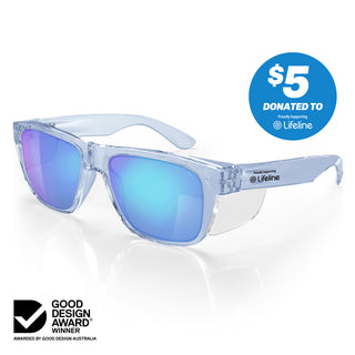 Fusions XL blue frame safety glasses with reflective blue polarised lens at an angle