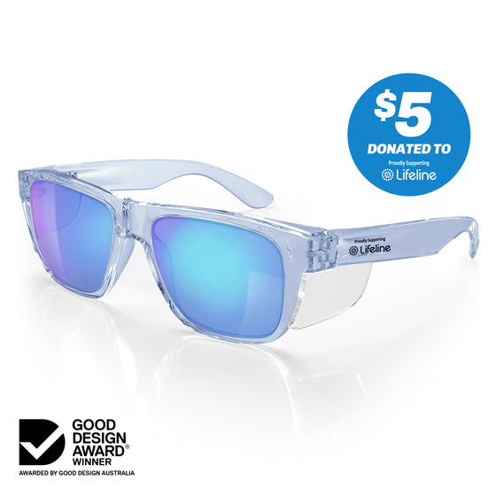 Fusions XL blue frame safety glasses with reflective blue polarised lens at an angle