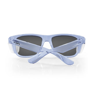 Fusions XL safety glasses, back view, blue frame and reflective blue lens