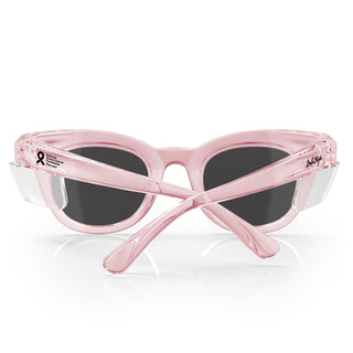 Harps safety glasses, pink frame, grey polarised lens, back view