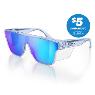Primes Blue Frame Reflectors with blue lens at an angle