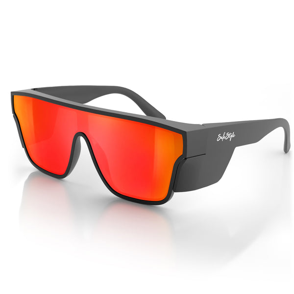 Primes safety glasses with matte black frame and red reflective UV400 lens at an angle
