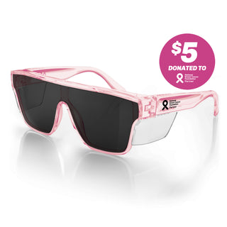 Primes Pink Frame safety glasses with grey polarised lens at an angle