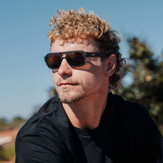 Skylines Chocolate Frame Prescription Safety Glasses, front view, on model, lifestyle shot