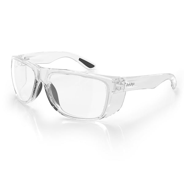 Rapids safety glasses with clear frame and lens, shown at an angle