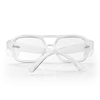 Skylines Clear Frame Prescription Safety Glasses, back view with polarised UV400 lens