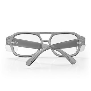 Skylines Graphite Frame Prescription Safety Glasses, back view with clear UV400 lens