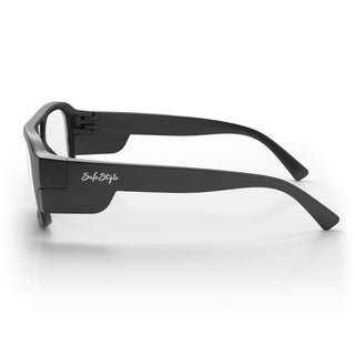 Skylines Matte Black Frame glasses in side view with clear UV400 lens