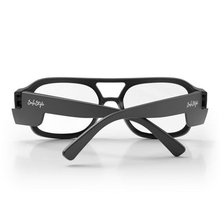 Skylines Matte Black Frame Prescription Safety Glasses, back view with clear UV400 lens