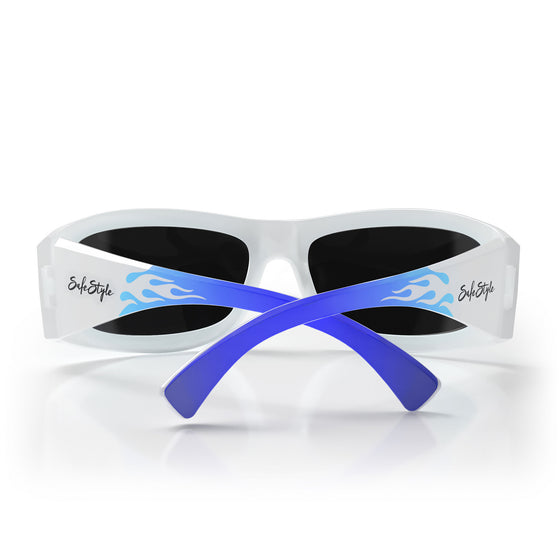 Sonics White Infernos Frame Mirrors Blue Polarised Lens Safety Glasses