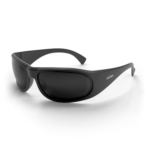 Matte black Sonics safety glasses with polarised lens at an angle