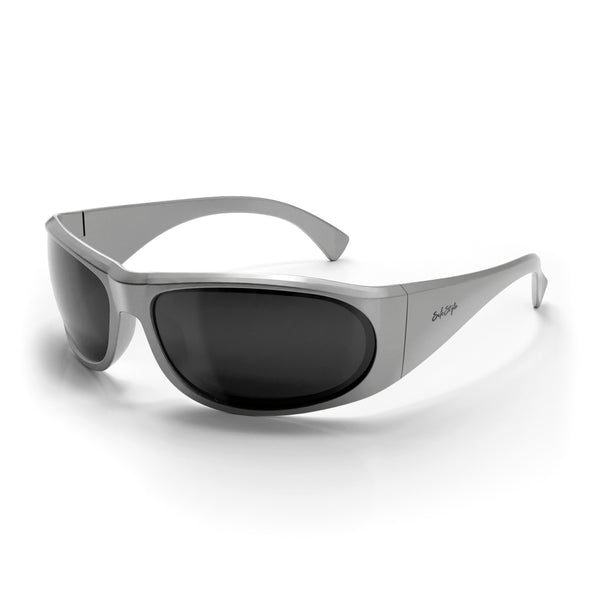Sonics safety glasses with silver frame and polarised lens, shown at an angle