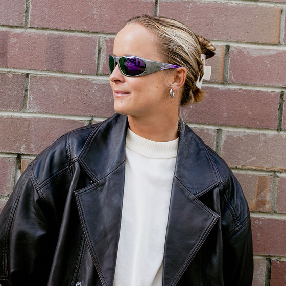 Sonics Silver Infernos Frame Mirrors Purple Polarised Lens Safety Glasses
