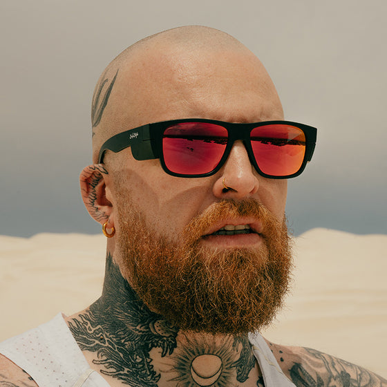 Fusions Matte Black Frame Mirrors Red Polarised Lens Safety Glasses