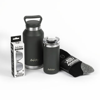 Fusions safety glasses, water bottle, coffee cup, and socks in a bundle
