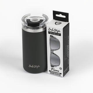 Fusions Glasses and Big Brew Travel Cup bundle, front view, with glasses and cup side by side