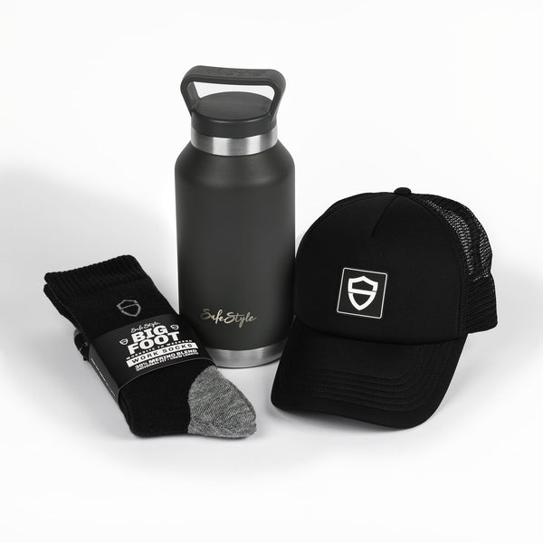Big Juicy water bottle, Shield Trucker Hat, and SafeStyle socks bundled together