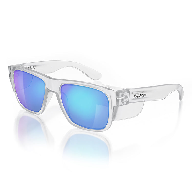 Fusions Clear Frame Mirrors Blue Polarised Lens